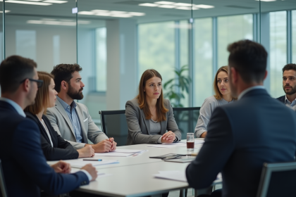 Groupe de professionnels en formation dans une salle lumineuse