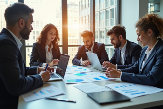 Groupe de professionnels collaborant autour d'une table en bureau lumineux