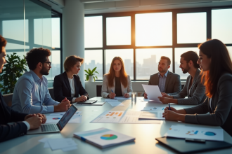 Groupe de professionnels discutant de l evaluation ods dans un bureau lumineux