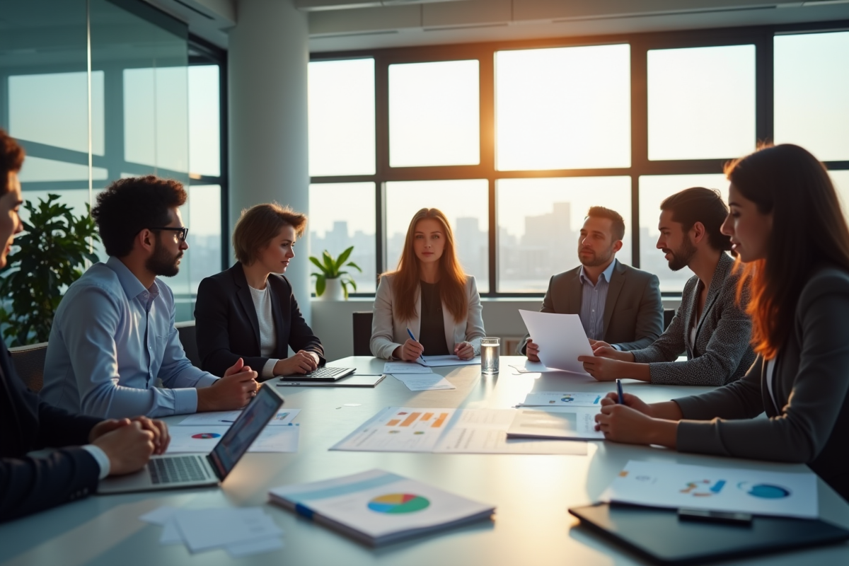 Groupe de professionnels discutant de l evaluation ods dans un bureau lumineux