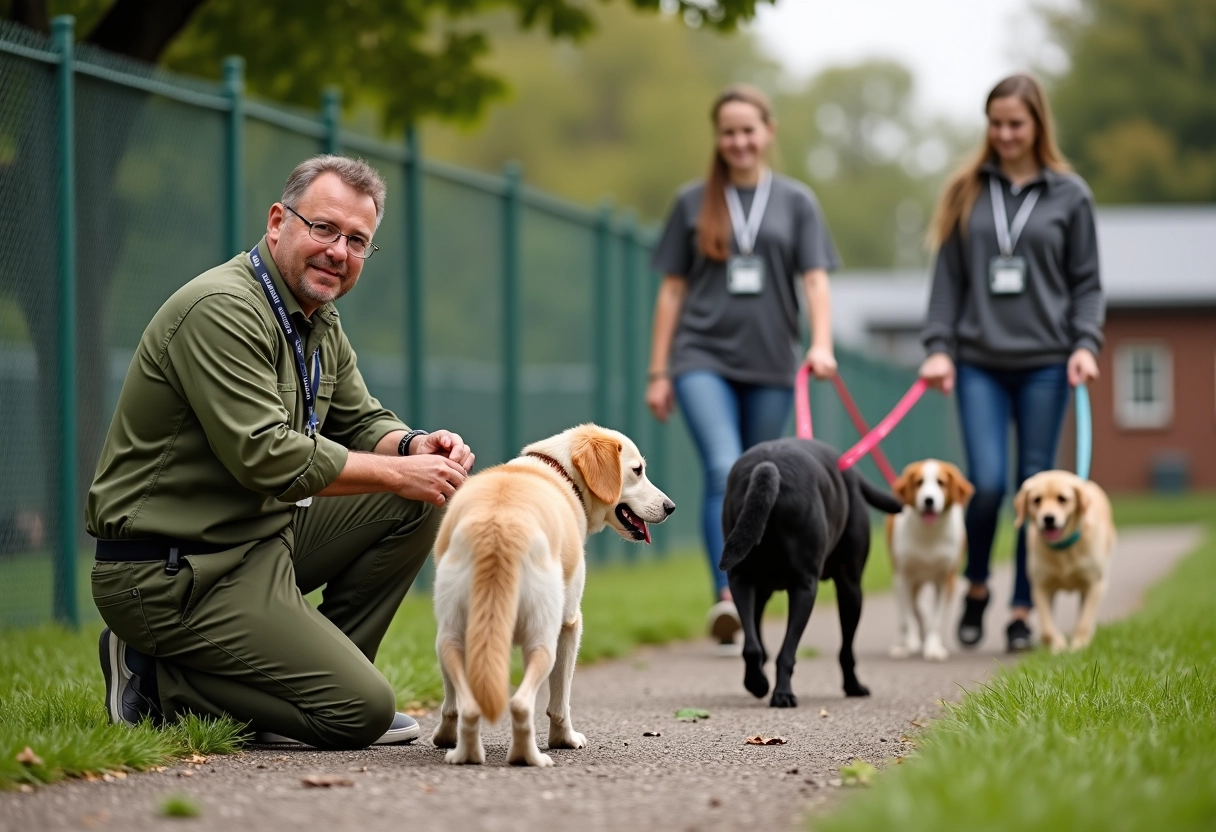 Gestionnaire aidant des volontaires avec des chiens dans un refuge