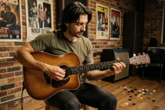 Guitariste solo jouant Hallelujah de Jeff Buckley à la guitare acoustique dans une salle de répétition avec murs en brique