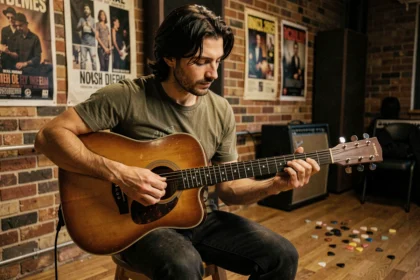 Guitariste solo jouant Hallelujah de Jeff Buckley à la guitare acoustique dans une salle de répétition avec murs en brique