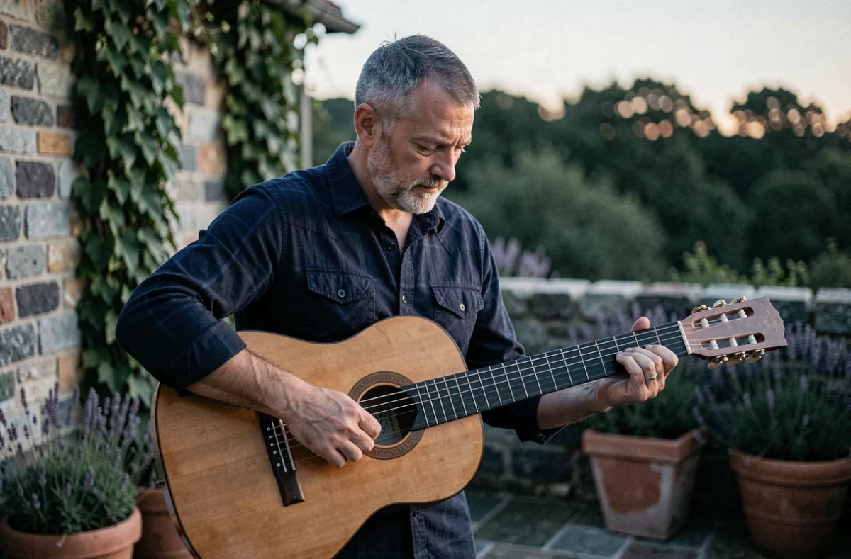 Guitariste jouant Hallelujah à la guitare classique en plein air sur une terrasse en pierre au crépuscule