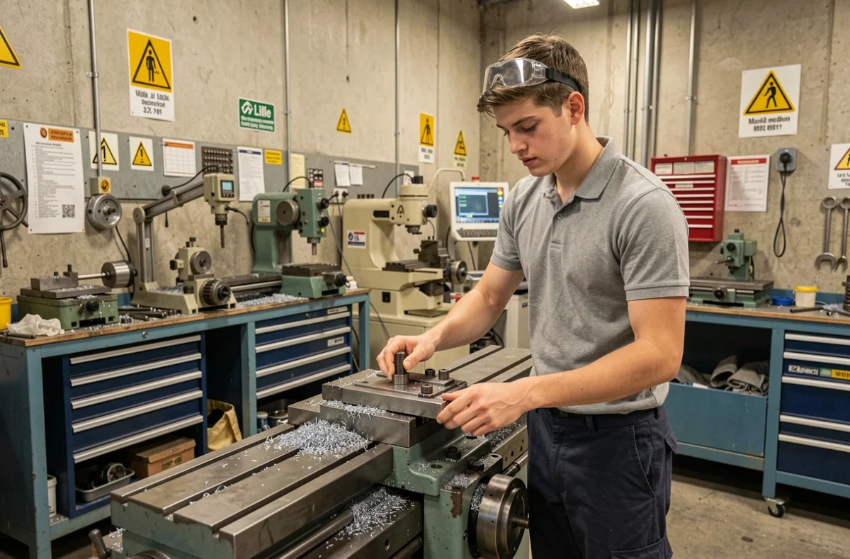 Étudiant de HEI Lille du groupe JUNIA opérant une fraiseuse CNC dans l'atelier de génie mécanique de l'école