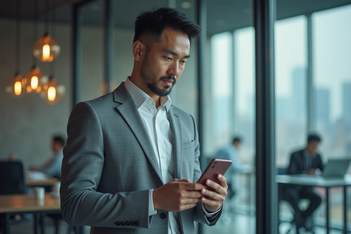 Homme d'affaires analysant les options linguistiques japonais et chinois sur son smartphone dans un bureau moderne