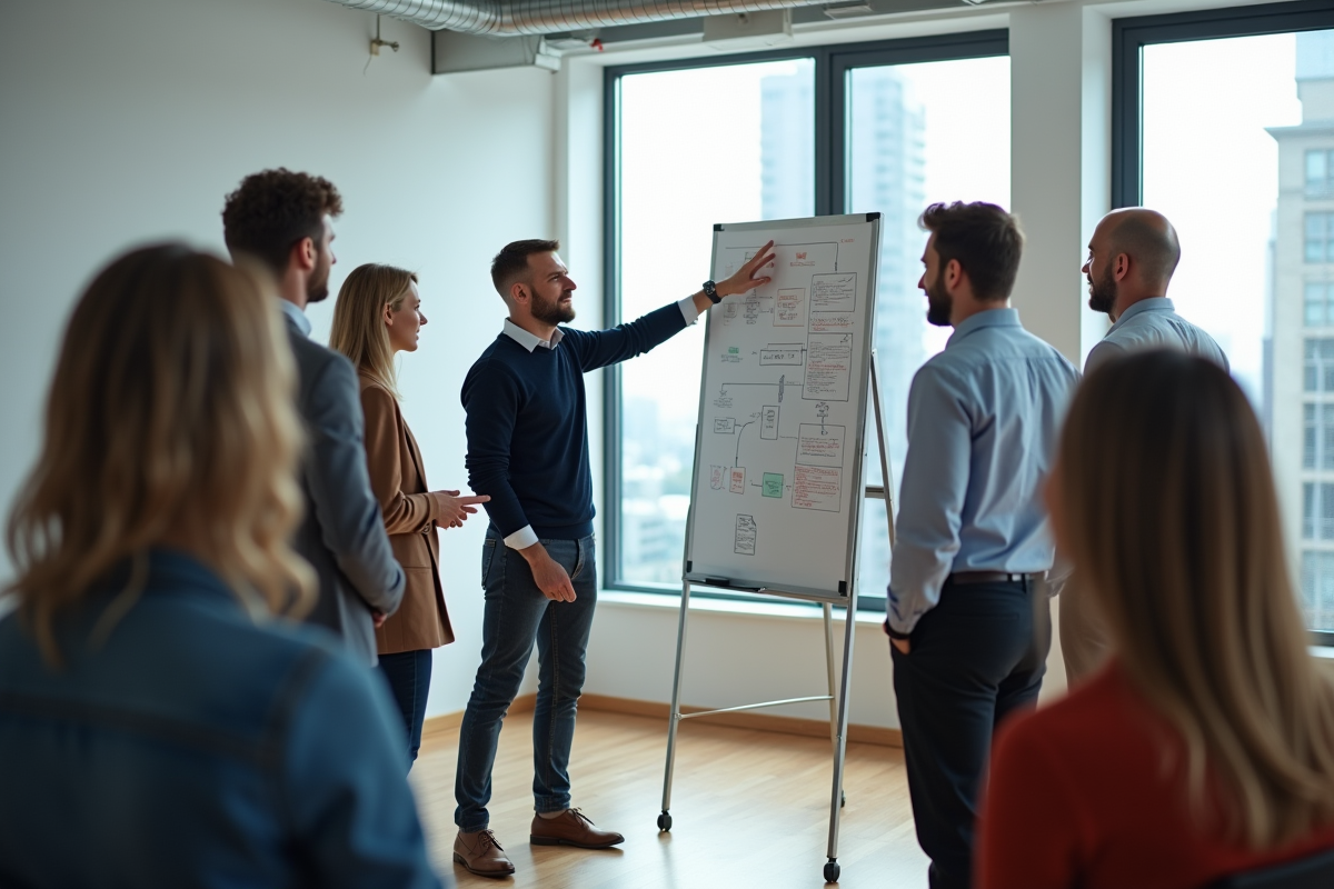 Homme en brainstorming avec collègues dans une salle lumineuse
