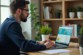 Homme en bureau regardant un site d'emploi coloré