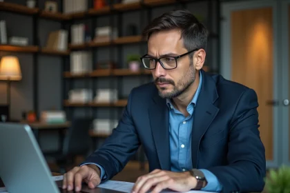 Homme d'affaires concentré sur son ordinateur dans un bureau moderne