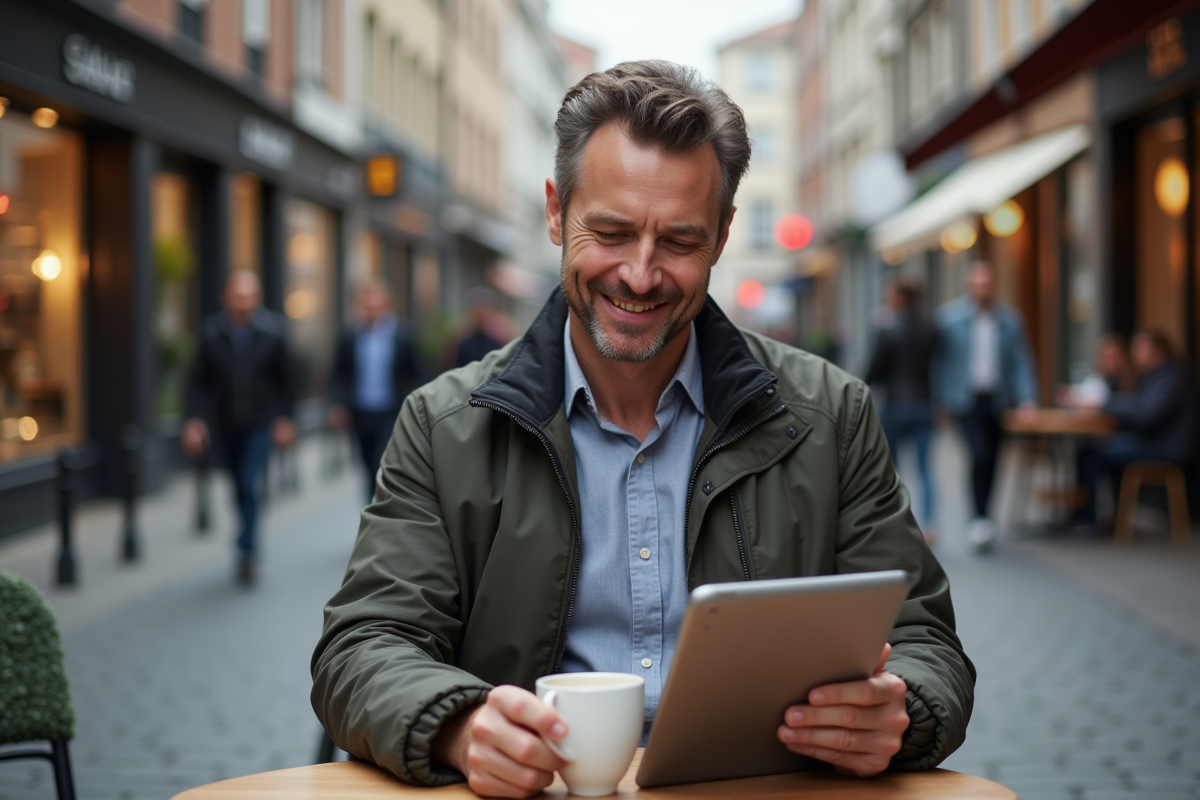 Homme lisant sur tablette dans un café urbain