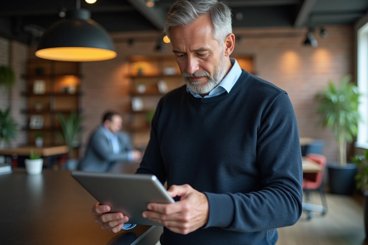 Homme en espace de coworking consultant des templates Canva sur une tablette pour sa stratégie marketing