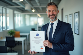 Homme en costume avec certificat SST dans un bureau