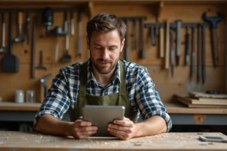 Homme consultant des formations bricolage en ligne sur une tablette dans un atelier domestique bien équipé