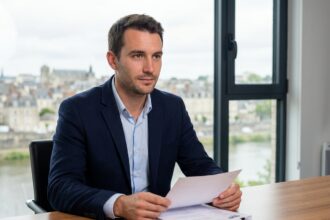 Homme confiant en blazer dans un bureau à Angers