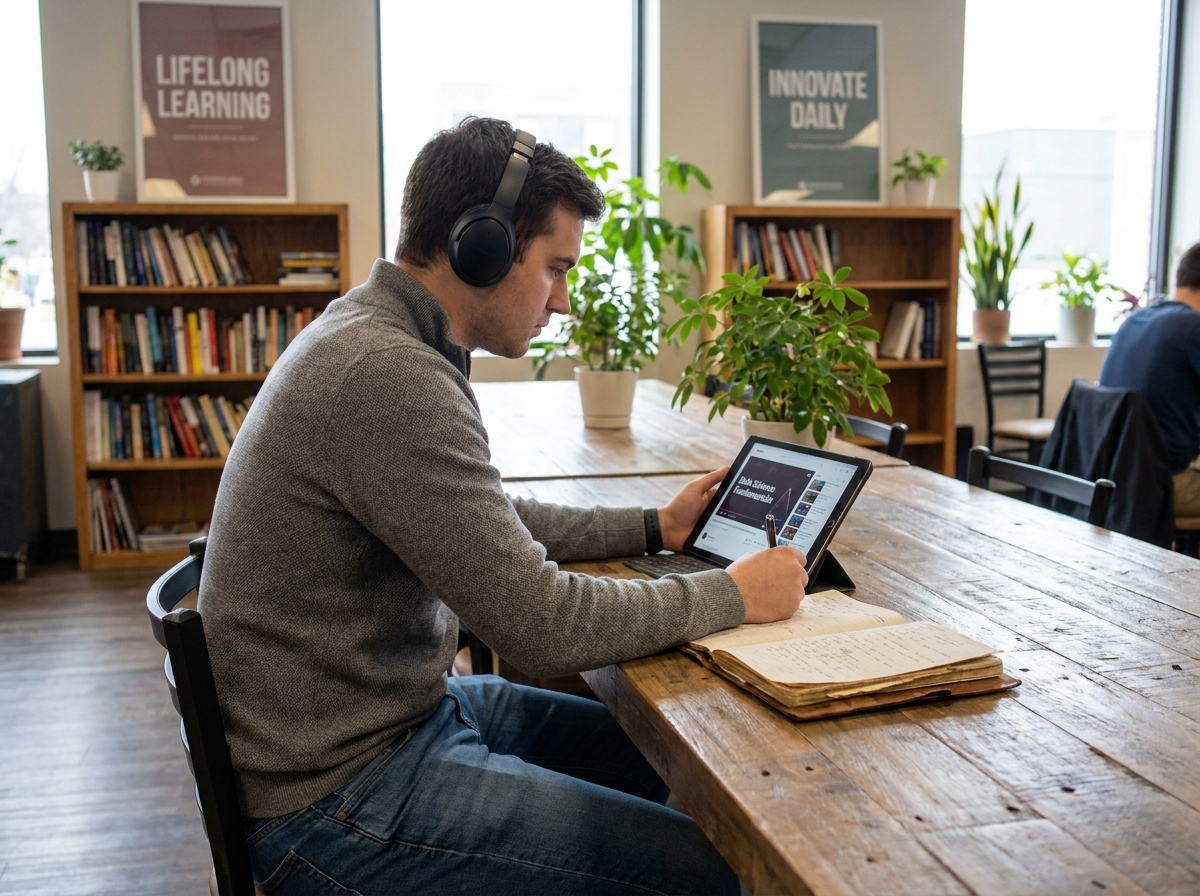 Homme en coworking prenant des notes sur tablette
