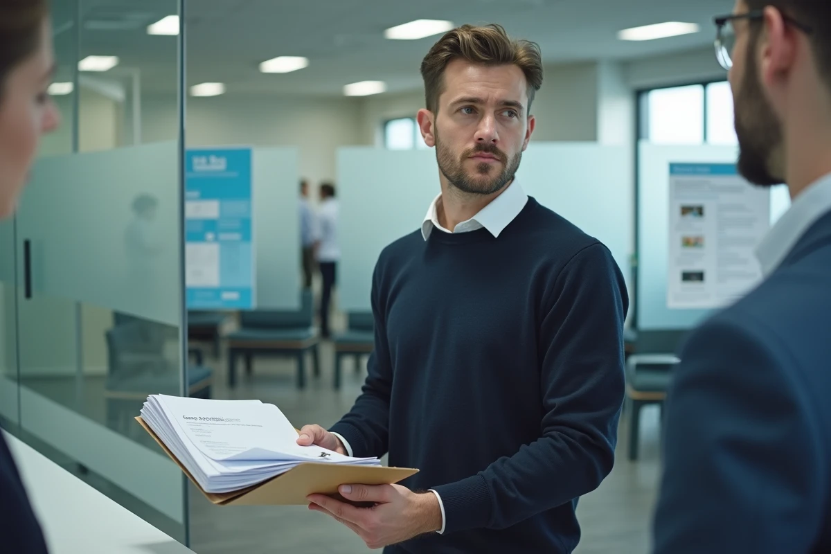 Homme déposant ses documents administratifs au guichet d'une agence Pôle emploi pour son inscription