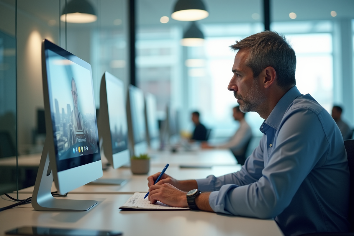Homme en formation virtuelle dans un bureau moderne