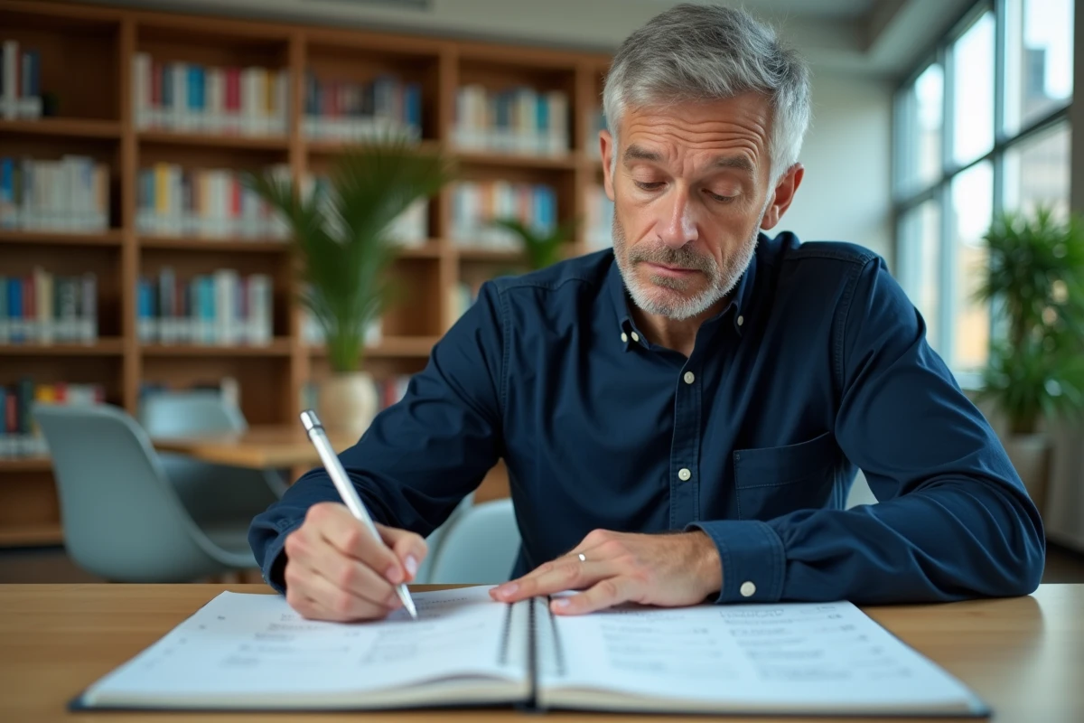 Homme analysant les résultats d'un test de QI imprimés dans une bibliothèque moderne