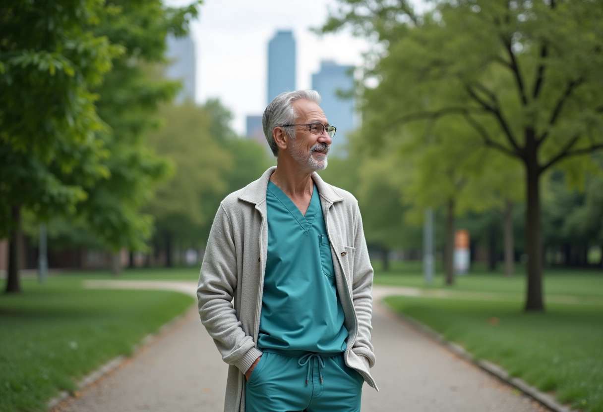 Homme en scrubs dans un parc urbain contemplatif