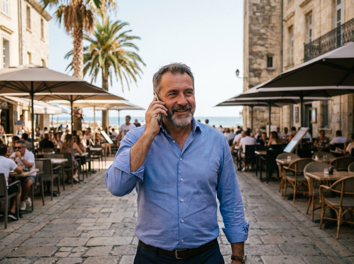 Homme marchant dans le centre historique de Béziers avec smartphone