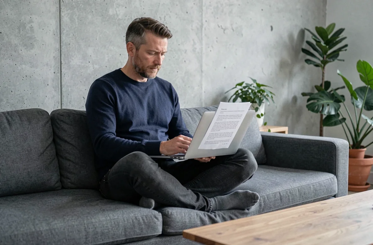 Homme lisant un PDF d'exercices d'écriture sur un ordinateur portable dans un appartement moderne minimaliste