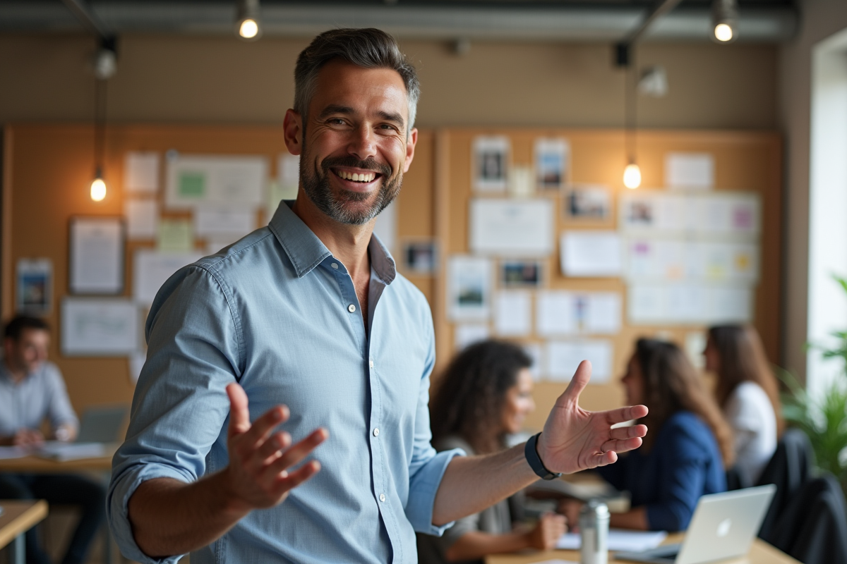 Homme en coworking donne une présentation dynamique