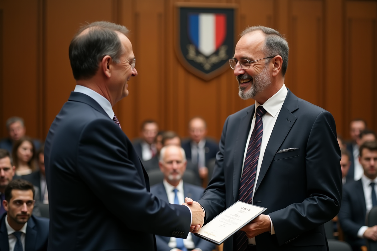 Homme en costume recevant un diplôme RNCP lors d