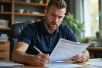Homme en reconversion professionnelle consultant le dossier d'inscription à une formation FIMO transport routier