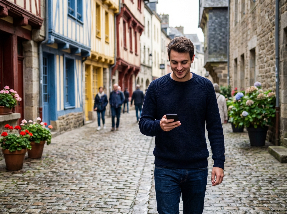 Homme marchant dans les rues pavées de Quimper avec smartphone