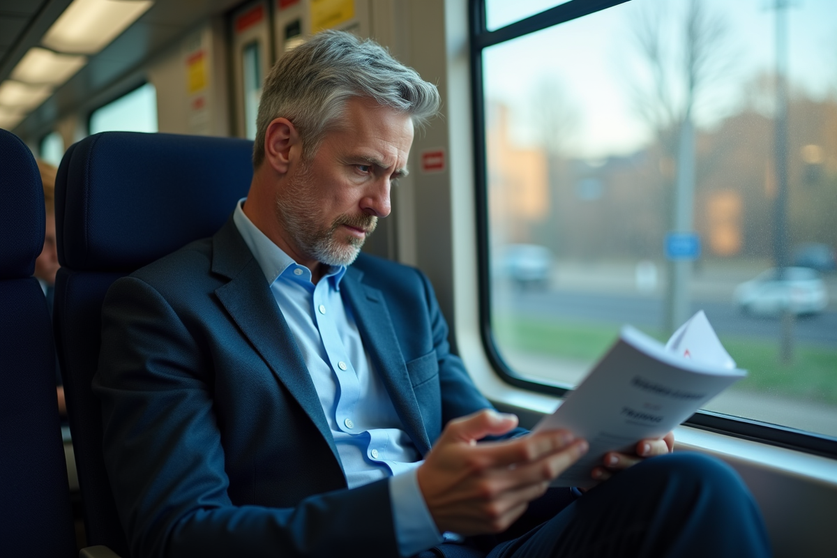 Homme lisant un manuel en train dans un train