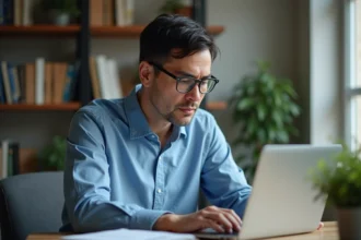 Homme d'âge moyen concentré sur son ordinateur à la maison