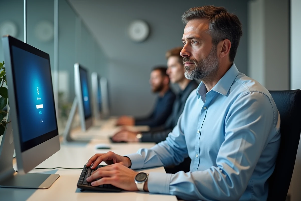 Homme d age moyen travaillant sur son ordinateur