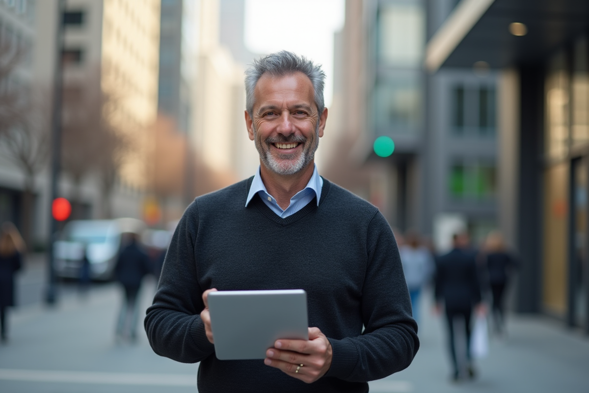 Homme d age moyen souriant avec tablette en ville