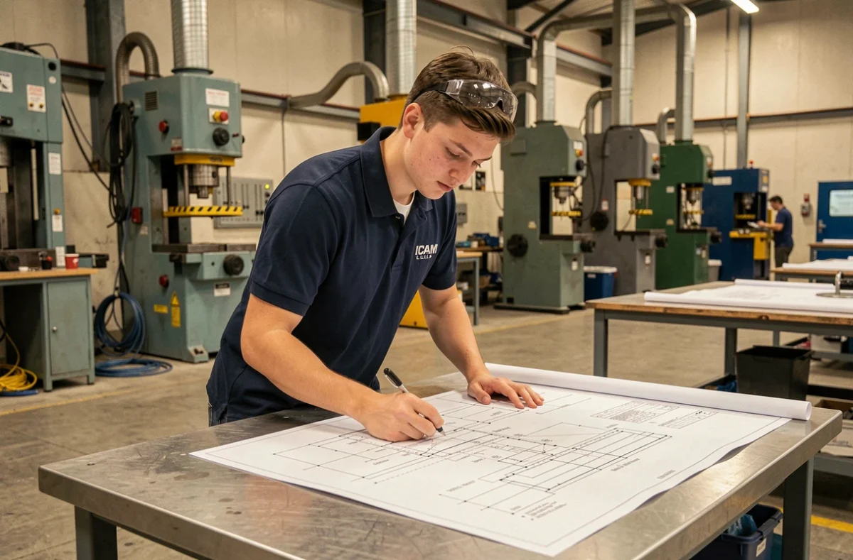Étudiant de l'ICAM Lille consultant des schémas techniques sur une table à dessin dans l'atelier industriel de l'école