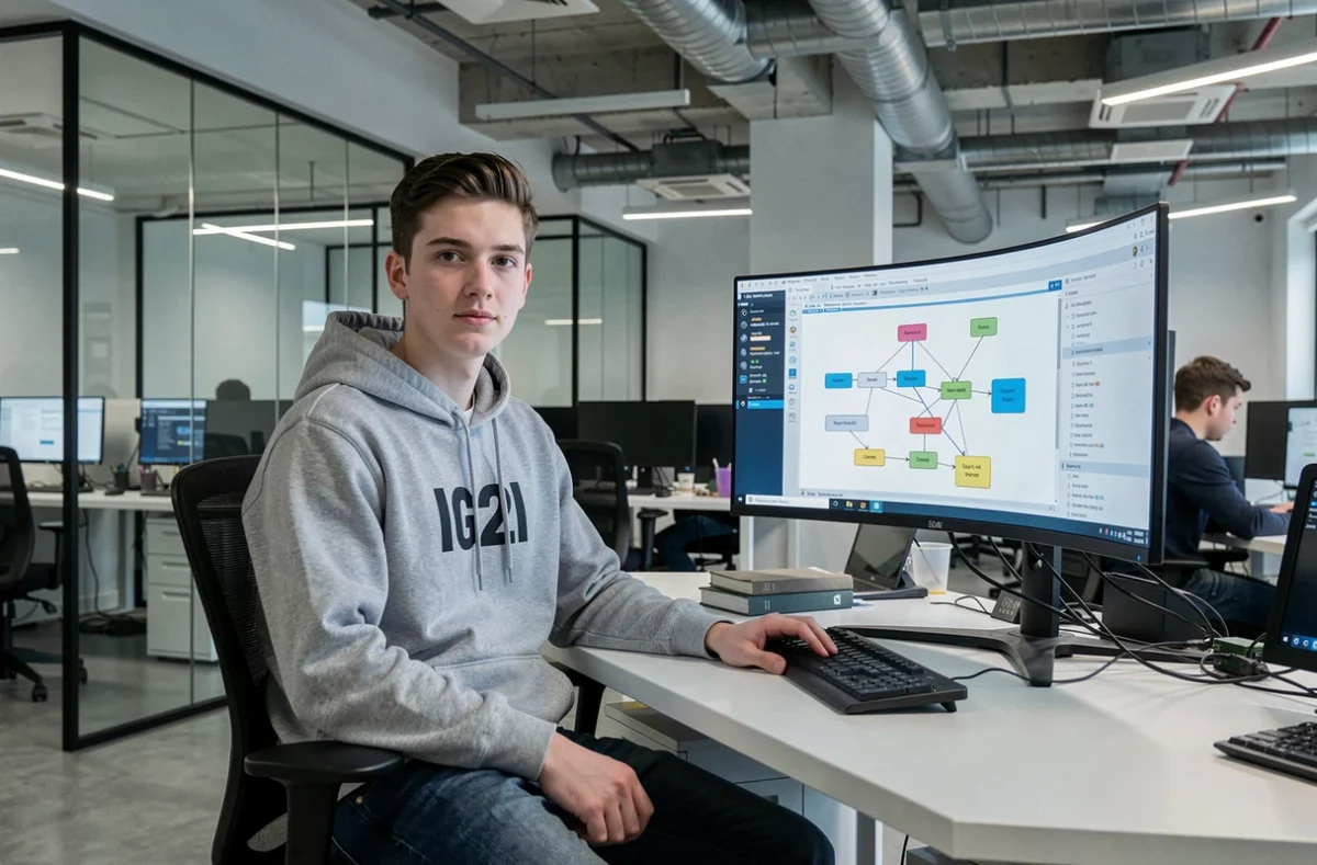Étudiant de l'IG2I travaillant sur un diagramme d'architecture logicielle sur écran incurvé dans l'espace de travail informatique ouvert de l'école