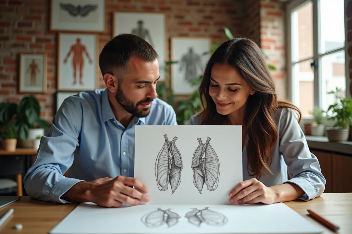 Deux illustrateurs médicaux comparant une coupe transversale dessinée à la main avec un rendu 3D anatomique en studio