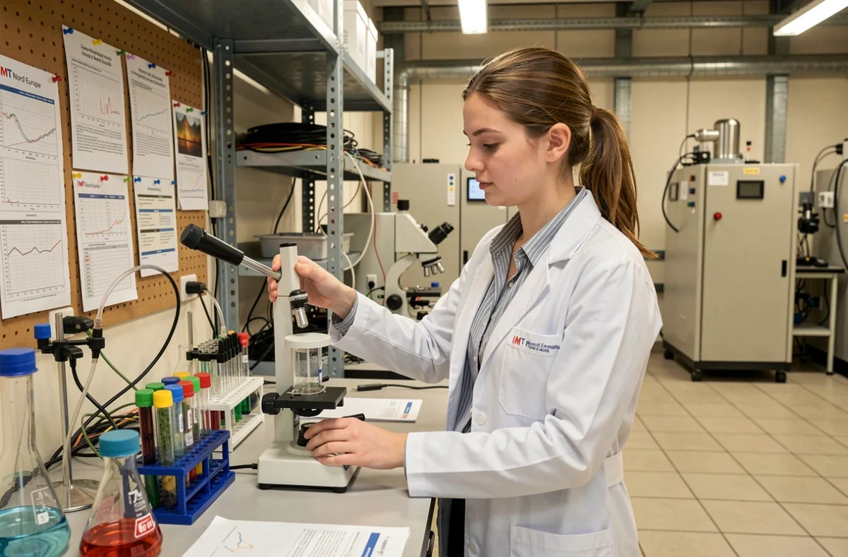 Étudiante en blouse blanche réalisant une expérience dans le laboratoire de recherche en matériaux d'IMT Nord Europe à Douai