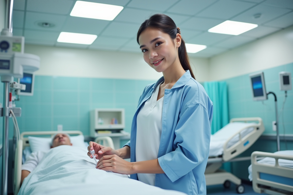 Infirmière ajustant une perfusion dans un hôpital moderne