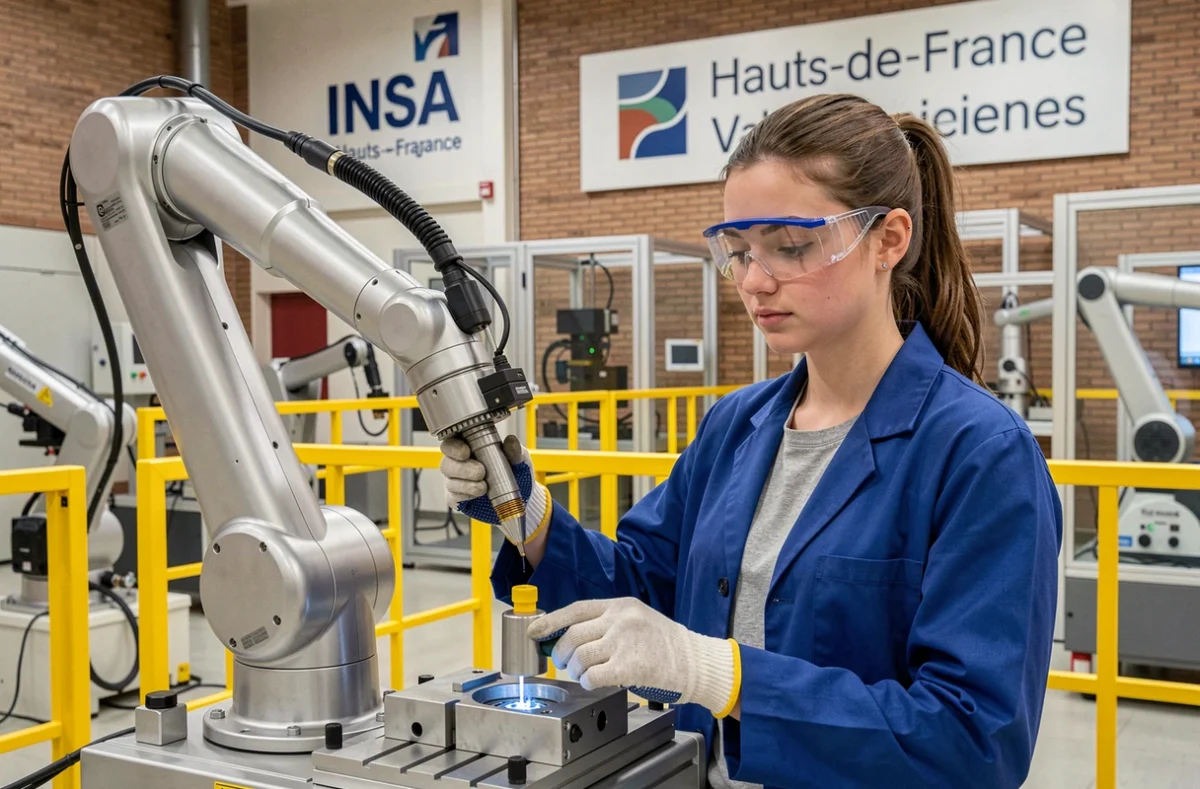 Étudiante de l'INSA Hauts-de-France à Valenciennes programmant un bras robotique dans le laboratoire d'automatique et de robotique de l'école