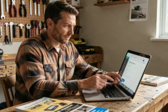 Homme inscrivant un compte sur LeLabDuBricoleur depuis son atelier de bricolage à domicile