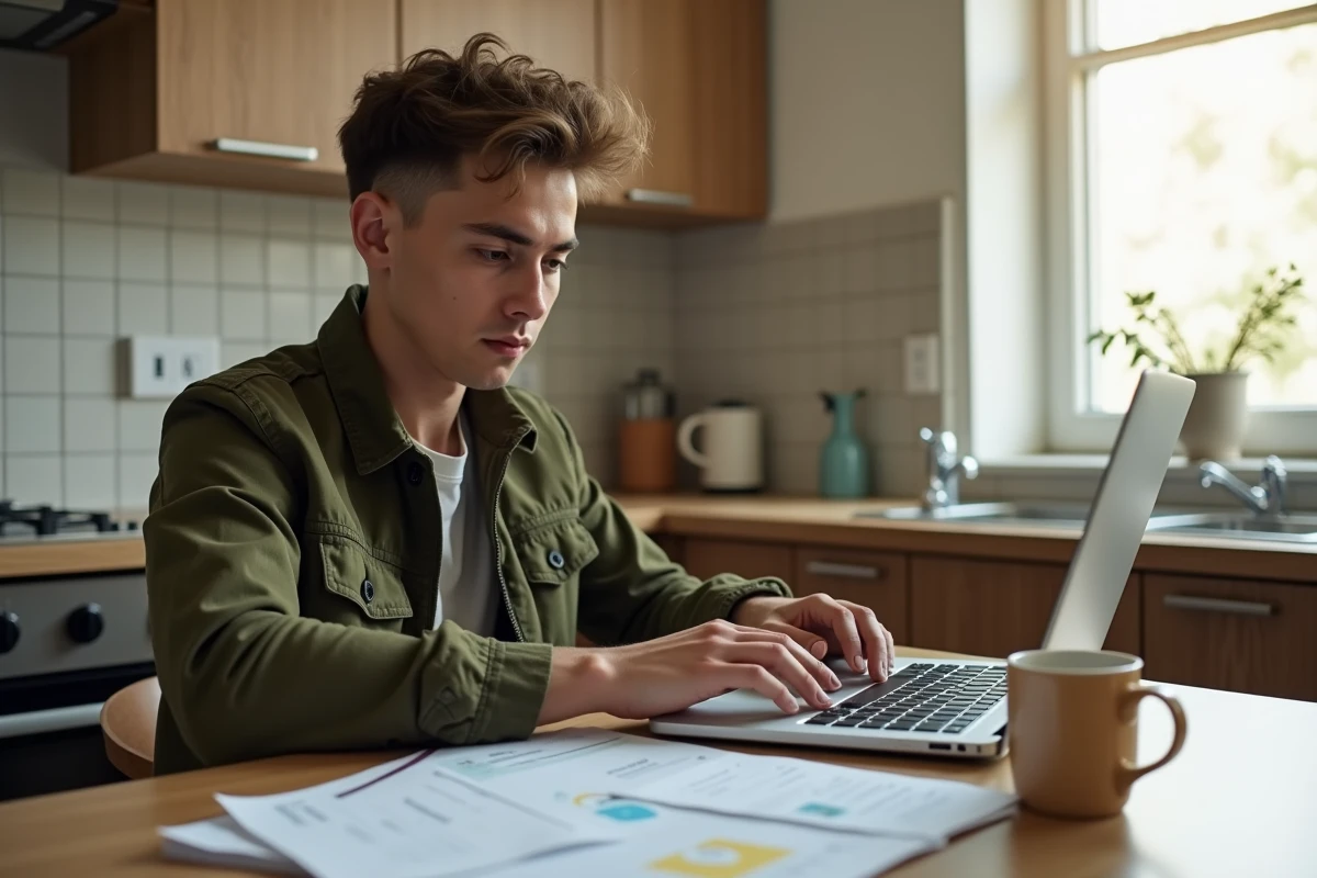 Personne remplissant un formulaire d'inscription Pôle emploi en ligne avec ses documents administratifs étalés sur la table