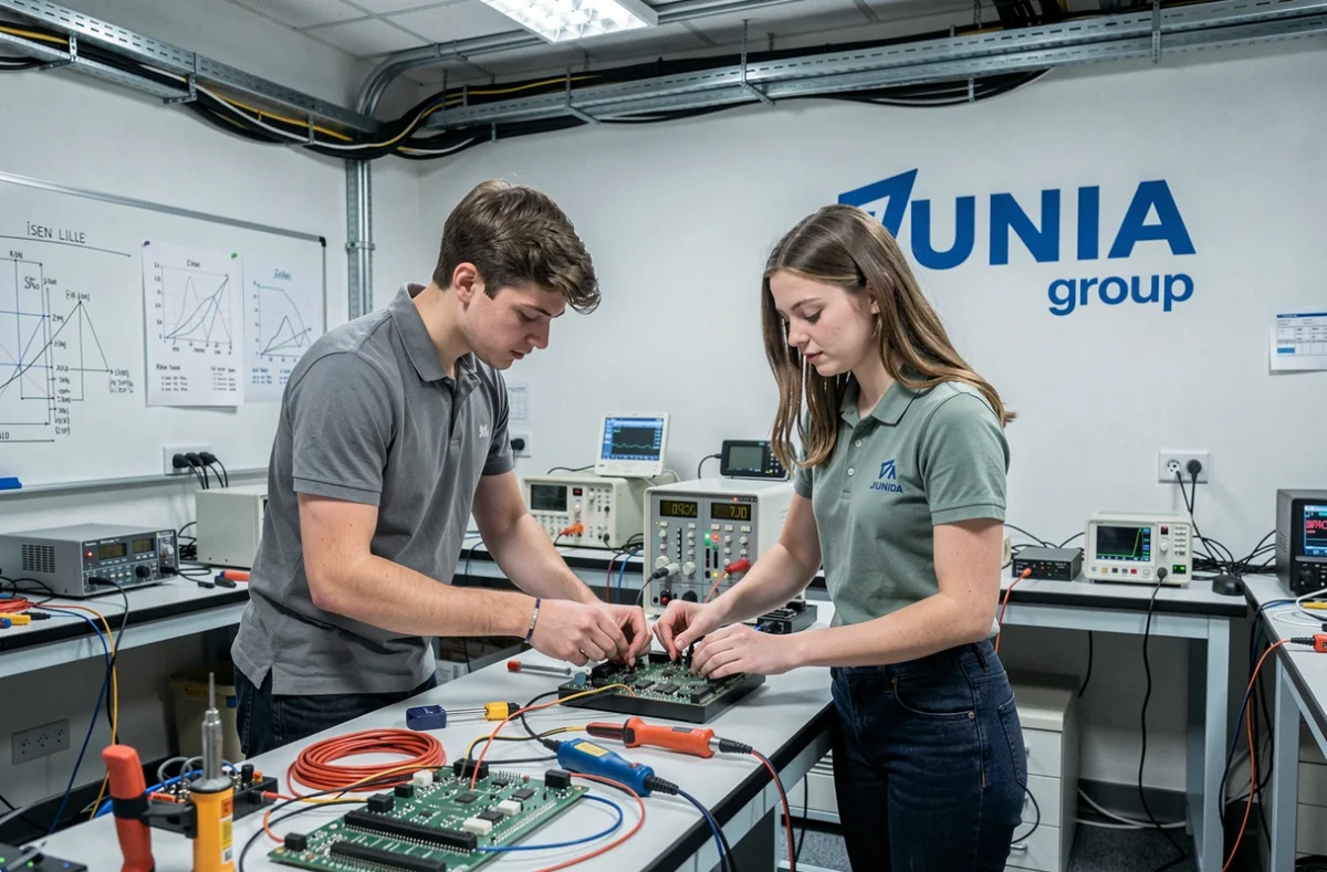 Deux étudiants de l'ISEN Lille du groupe JUNIA travaillant sur un projet d'électronique embarquée dans un atelier équipé d'oscilloscopes et de circuits imprimés