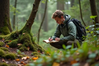 Jeune botaniste prenant des notes dans la forêt