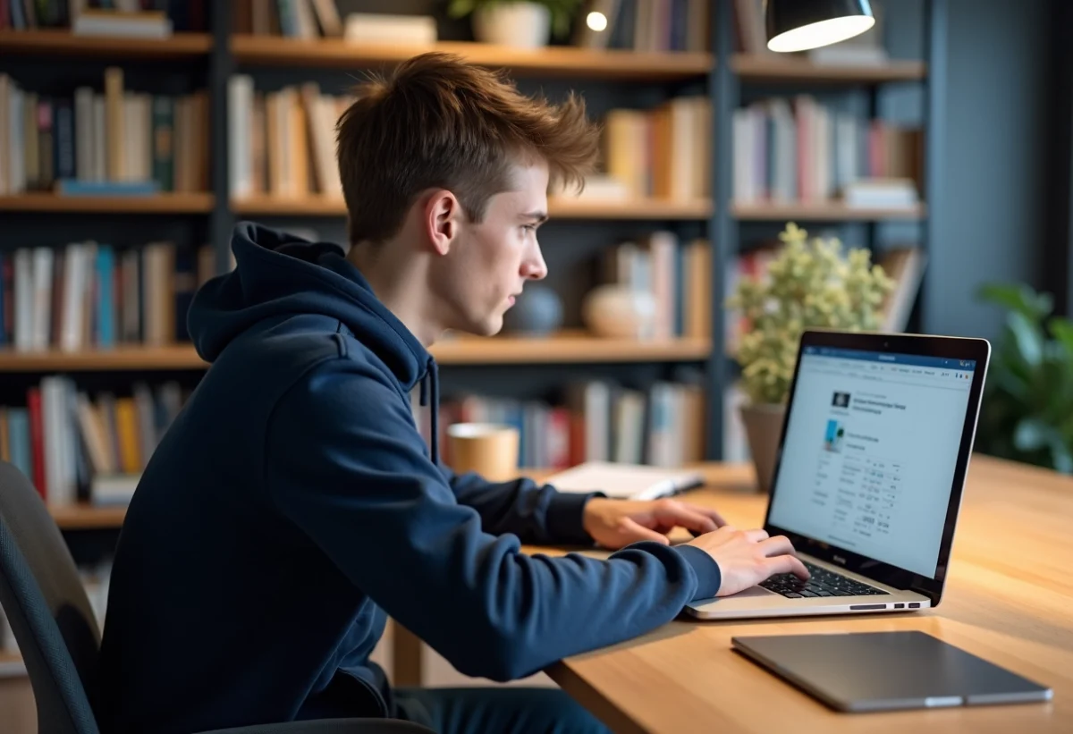 Jeune homme étudiant utilisant le portail CNAM à domicile