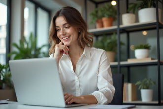 Jeune femme au bureau regardant son ordinateur avec optimisme