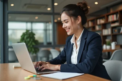 Jeune femme professionnelle souriante travaillant sur son ordinateur