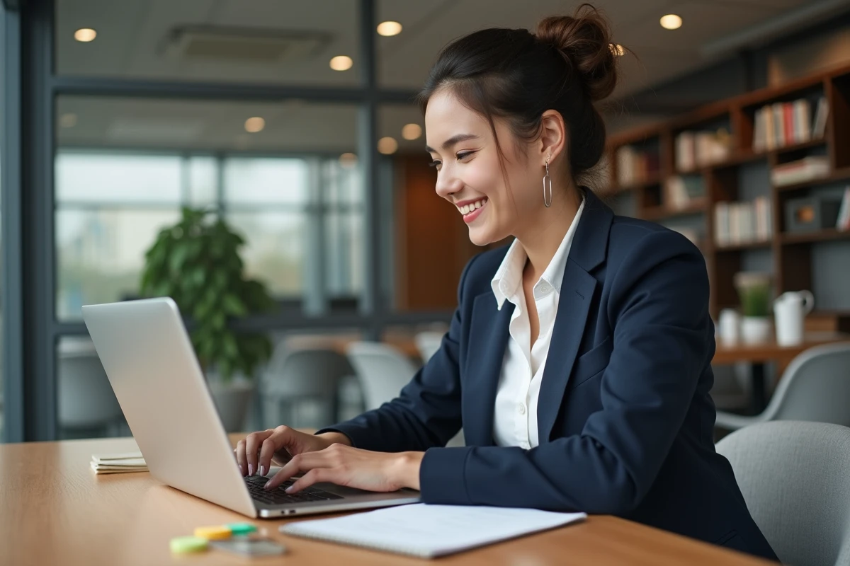 Jeune femme professionnelle souriante travaillant sur son ordinateur