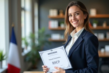 Jeune femme souriante avec certificat RNCP dans un bureau moderne