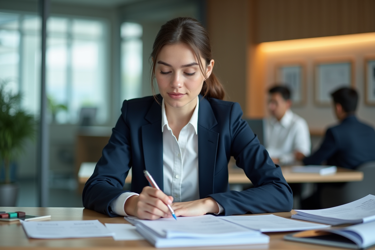 Jeune femme en blazer bleu examine des dossiers dans un bureau moderne