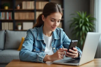 Jeune femme configurant le portail ENT ut2j Toulouse à la maison